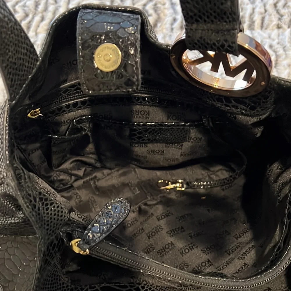 Michael Kors Fulton Black Snake skin Genuine Leather Tote Bag with Gold …